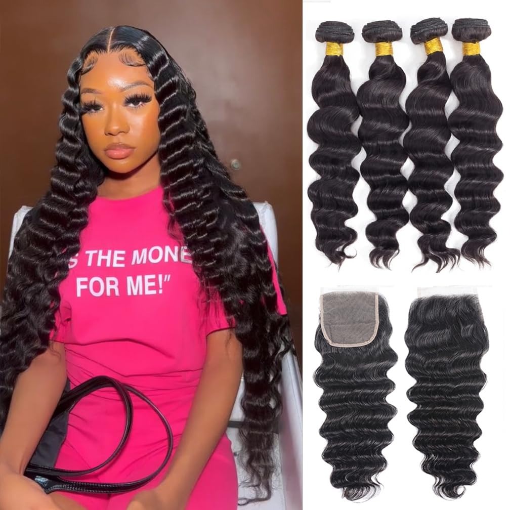 Deep Wave 3 Bundles With Closure - Extensioni di capelli umani con chiusura,